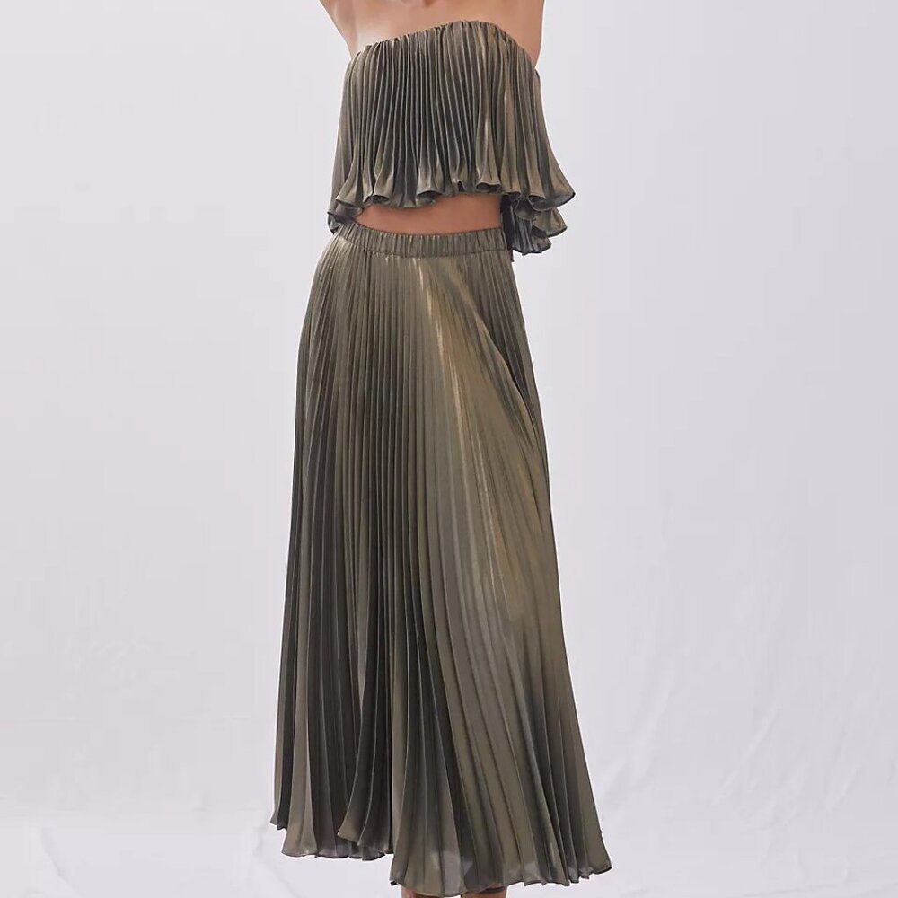 Pleated metallic olive colored skirt set